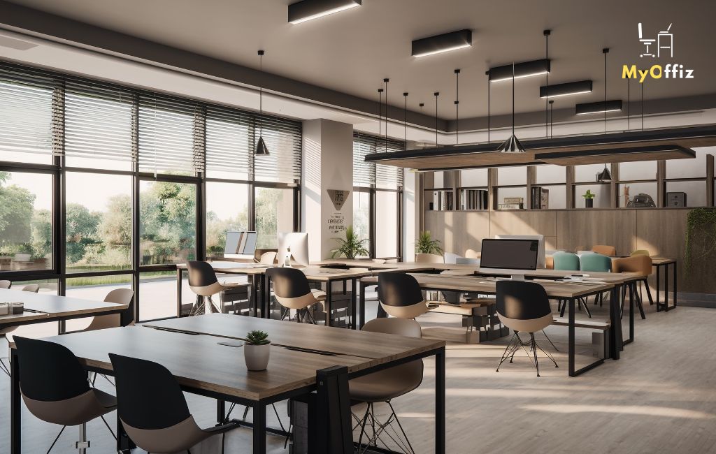 Modern coworking space in Udyog Vihar by MyOffiz featuring shared desks, ergonomic seating, natural lighting, and a fully furnished collaborative workspace for startups, freelancers, and businesses.
